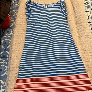 Blue and White Striped Dress with Red Accents